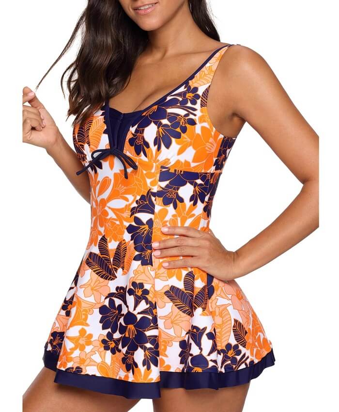 Tie Front Scoop Back Printed One Piece Swimdress